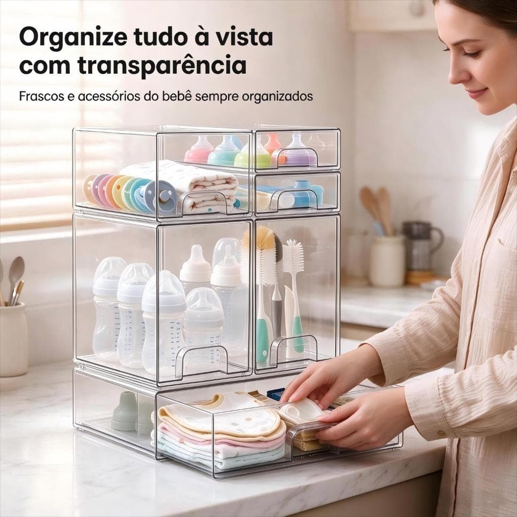 Caixa Organizadora Gaveta Transparente para Mamadeira Bebê, Multiuso Plástico Resistente com Pés Antiderrapantes