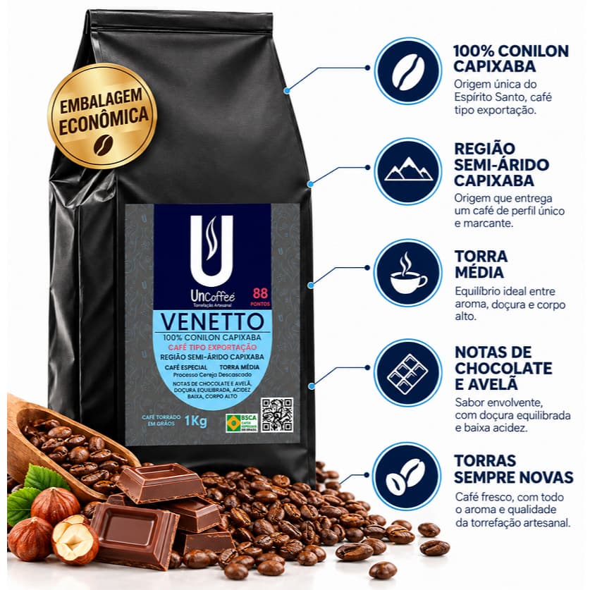 Café Especial UnCoffee Venetto 100% Conilon Tipo Exportação 1kg em GRÃOS