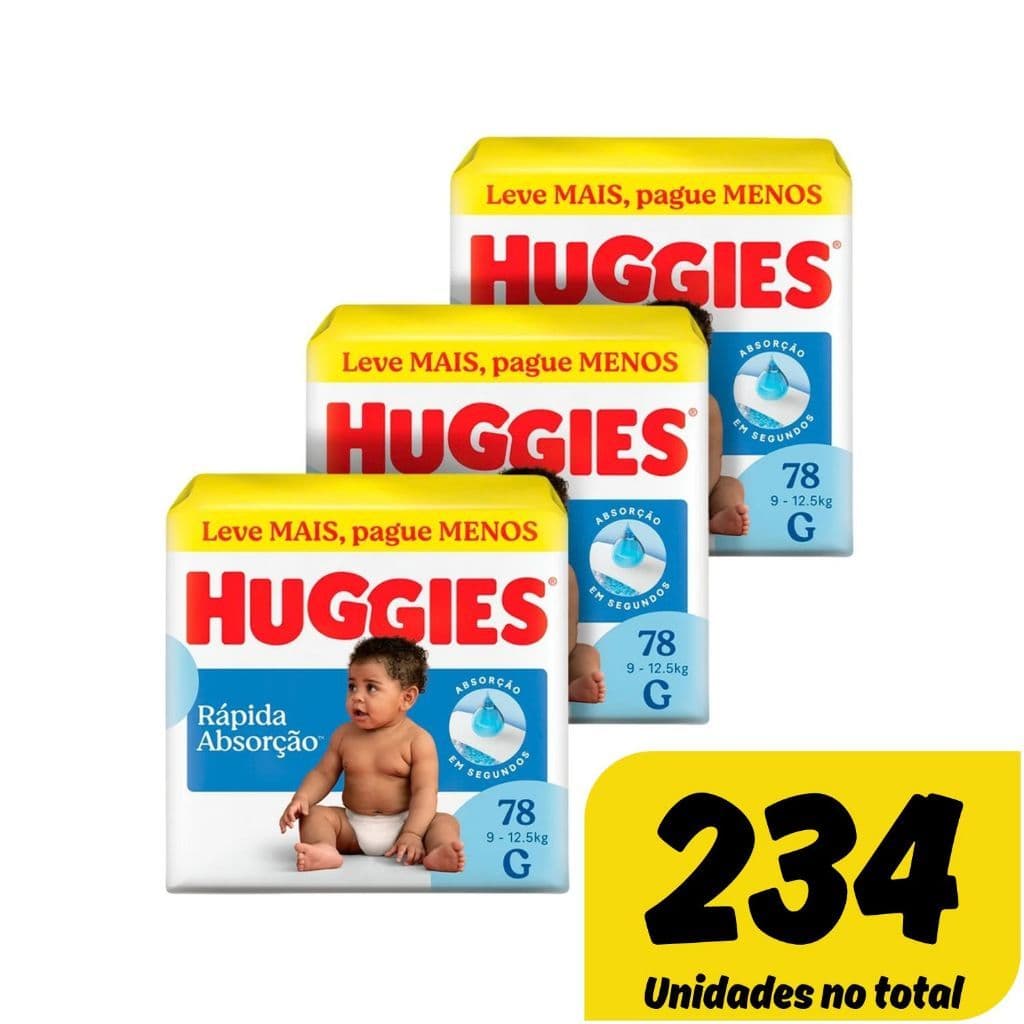 Fralda Descartável Huggies Hiper Tripla Proteção Tamanho G - 3 Pacotes com 78 Fraldas - Total 234 Tiras