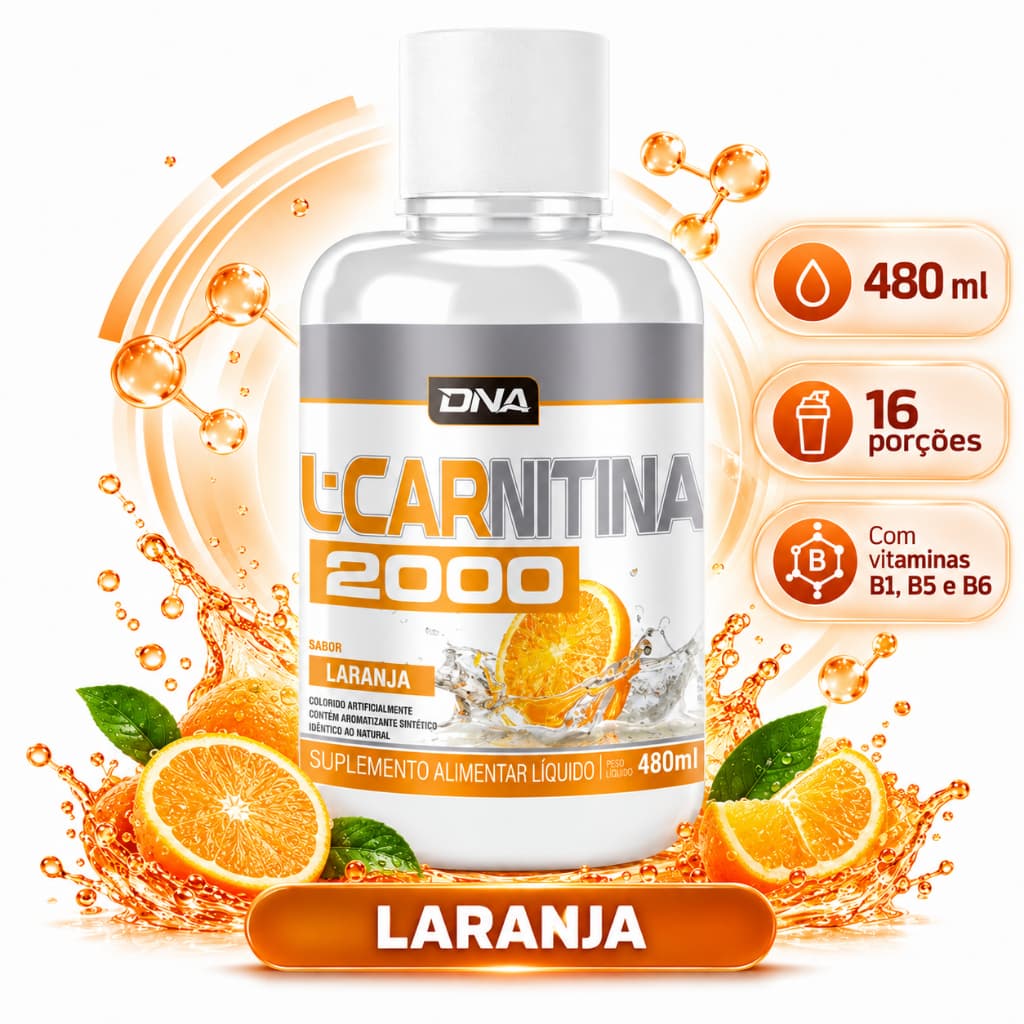 L-Carnitina 2000mg Líquida Laranja DNA Suplementos 480ml 16 Porções Vitaminas B1 B5 B6 Pré Treino Fitness