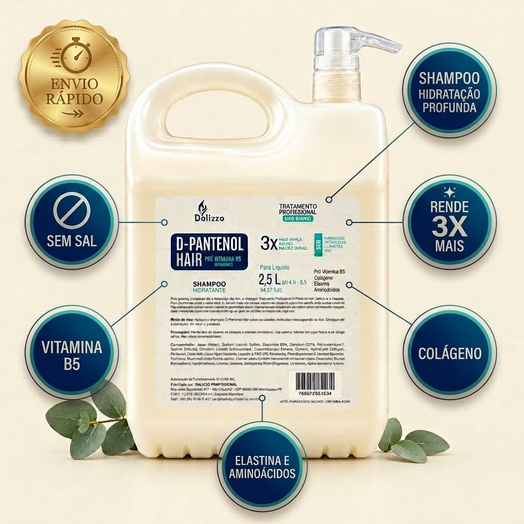 Shampoo Hidratante Dalizzo 2,5L Galão Profissional Sem Sal | Pró Vitamina B5 e Colágeno | Alto Rendimento Salão/Lar