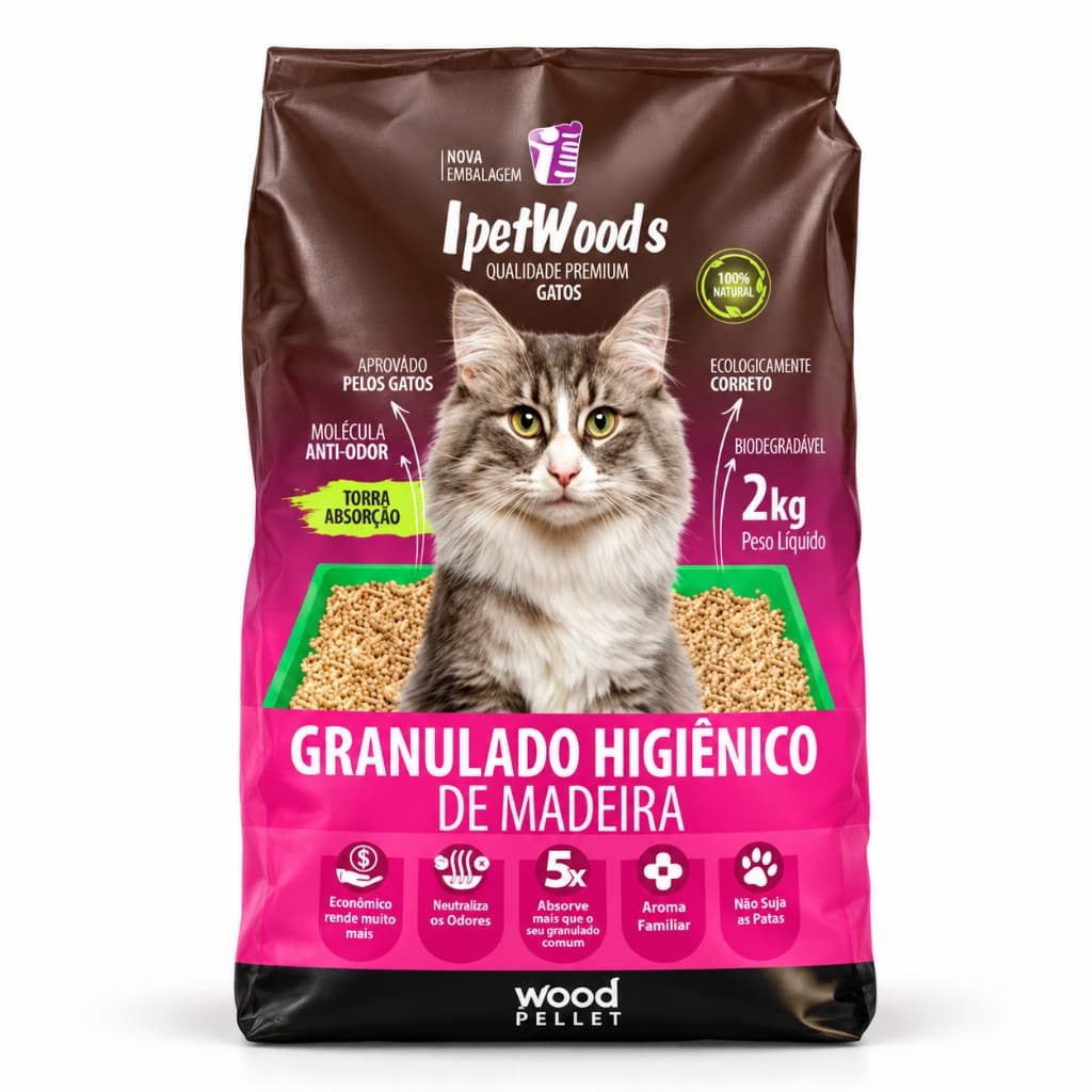 Granulado Higiênico de Madeira para Gatos 2kg – Areia Sanitária Biodegradável