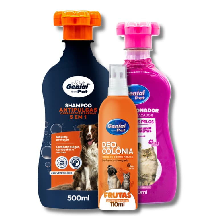 Kit Shampoo Antipulgas, Carrapatos e Sarnas 5 em 1, Condicionador e Deo Colônia para Cães