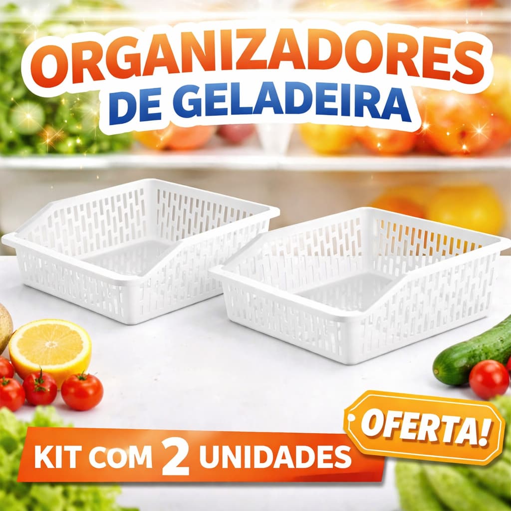 Kit 2 Organizadores de Geladeira Plasvale Grande 29x26,5cm – Caixa Organizadora Multiuso para Armário e Cozinha