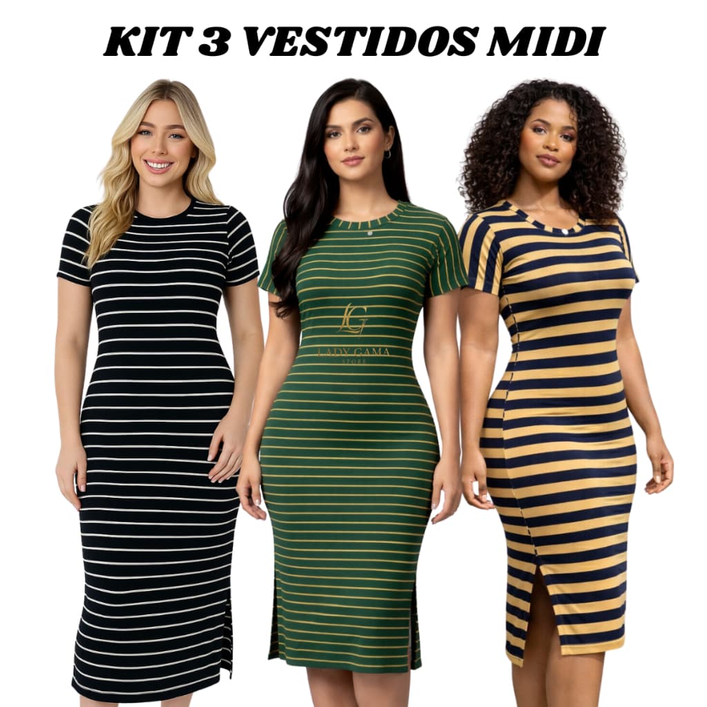 Kit 3 Vestidos Midi Listrados Femininos com Fenda Lateral Casual Moderno Estilosos Elegantes