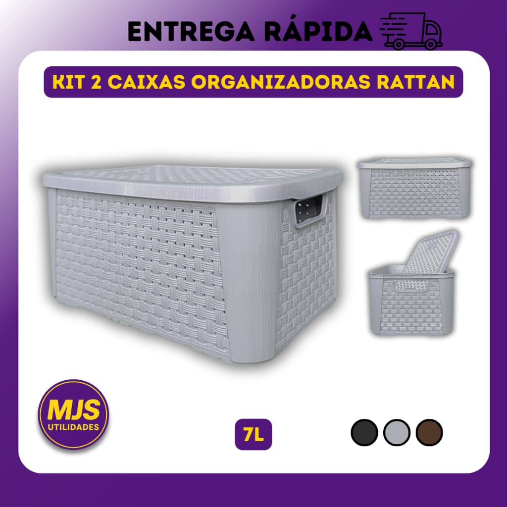 2 X Caixa Organizadora Rattan 7 Litros Plástico Multiuso Casa Quarto Cozinha Banheiro Com Tampa