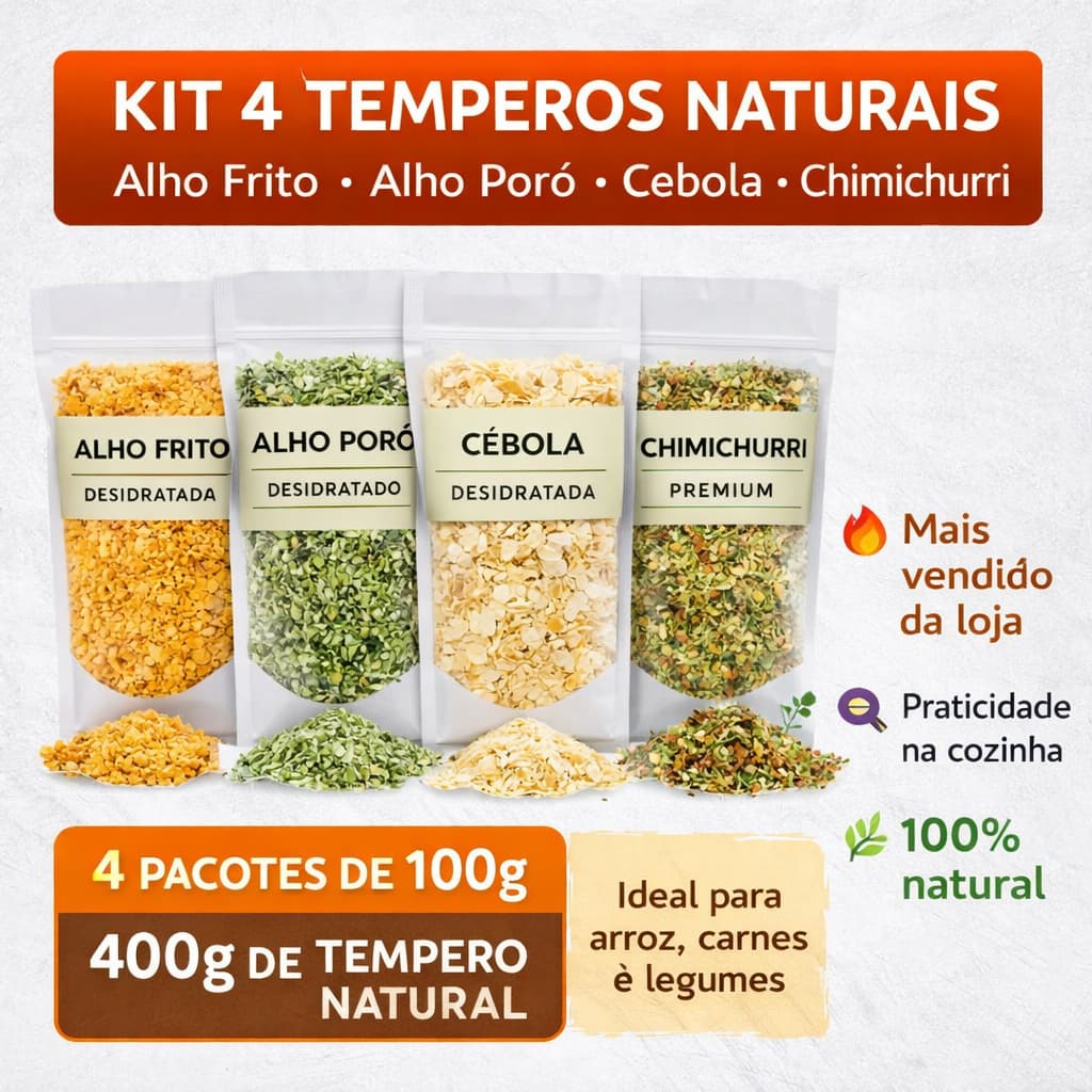 Kit 4 Temperos Naturais 400g | Alho Frito + Alho Poró + Cebola Desidratada + Chimichurri | Tempero para Arroz, Carne