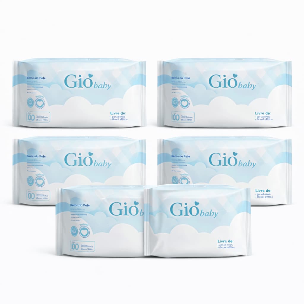 Kit 6 Toalhas Umedecidas Gió Baby 100 Folhas 98% Água 19x13cm Lenço Umedecido Bebê Troca de Fralda