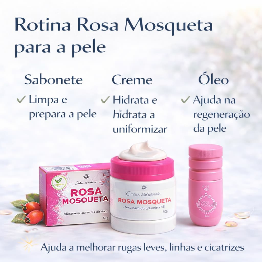Kit 3 rosa mosqueta sabonete + creme + oleo rosa S clareador anti-idade para manchas e rugas