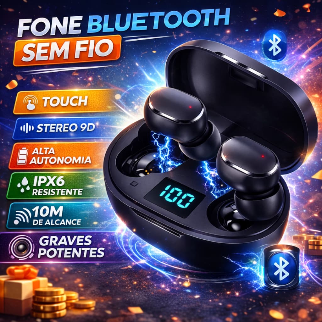 Fone De Ouvido Bluetooth Sem Fio TWS Todos Celulares Anti-Delay