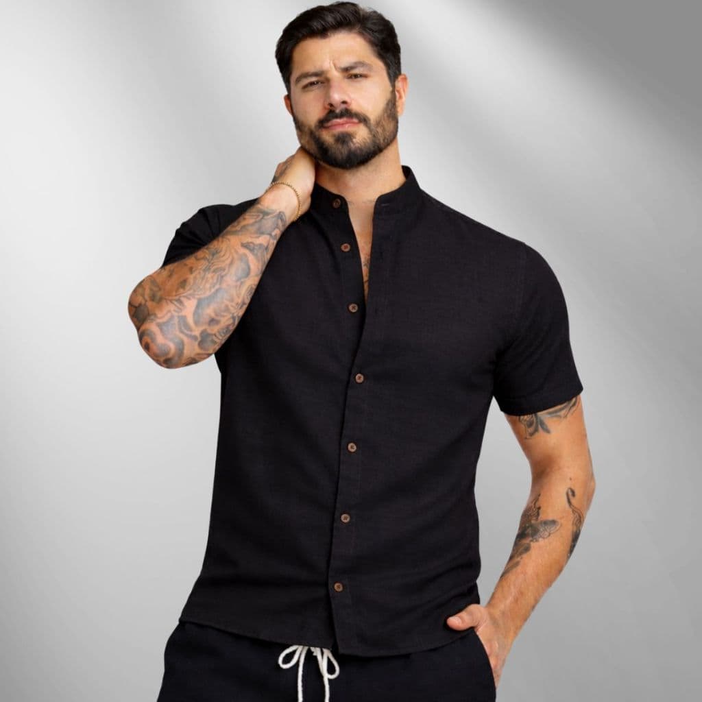 Camiseta Social Manga Curta Gola Padre Com Algodão Masculina Slim Fit Gola Padre Blusa Linho