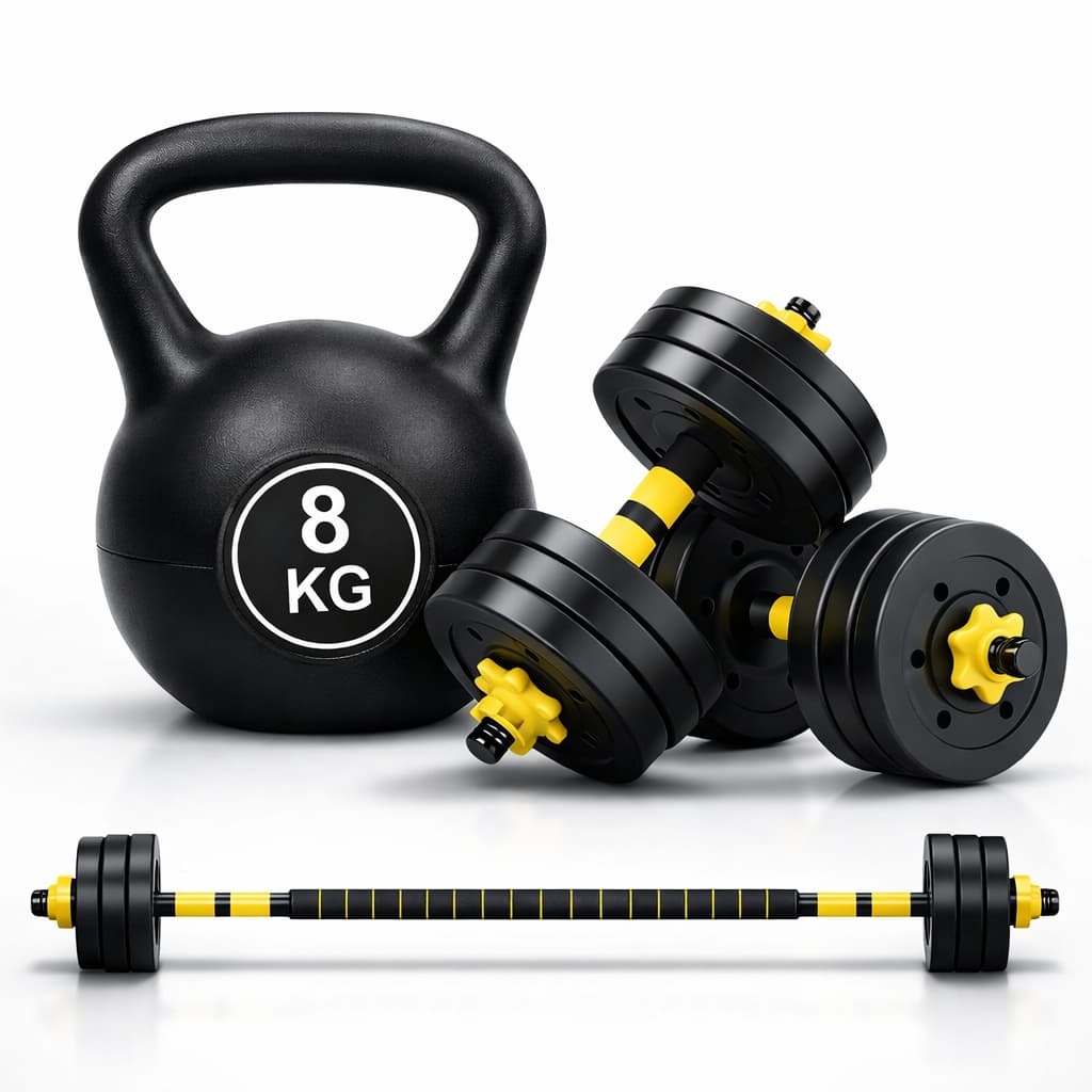 Kit Halteres Ajustáveis 3 Em 1 Até 20kg Barra Longa  Kettlebell 8kg + Curta Musculação Home Gym Ahead Sports