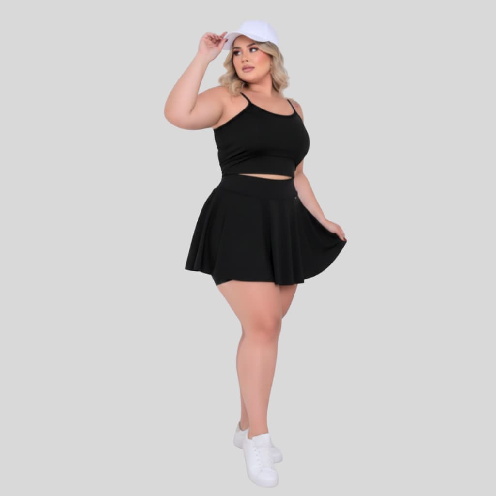 Conjunto Top + Shorts Saia Treino Academia Roupas Femininas Plus Size Fitness com Elástico Fitness Treino Caminhada