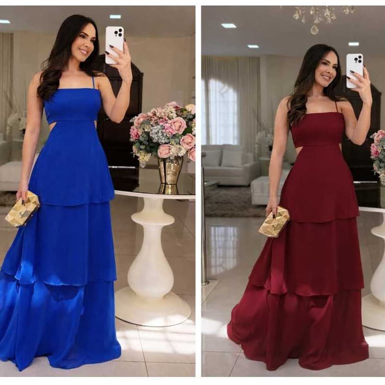 vestido longo feminino elegante CREPE MUSILINE com babados, amarração na costa para casamento