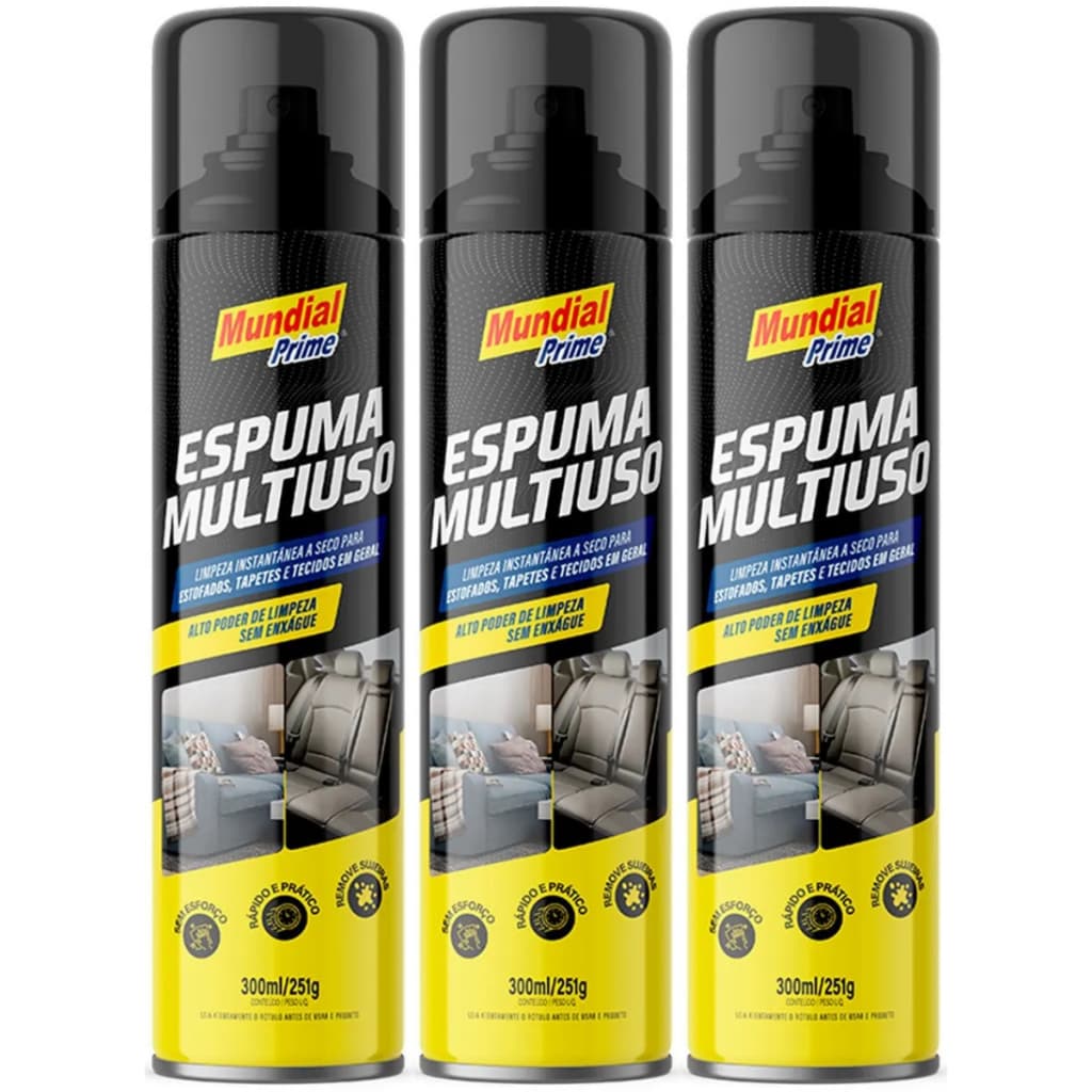 03 Espuma Multiuso Limpeza a Seco Automotiva Estofados Bancos Tapetes Tecidos 300ml Mundial Prime