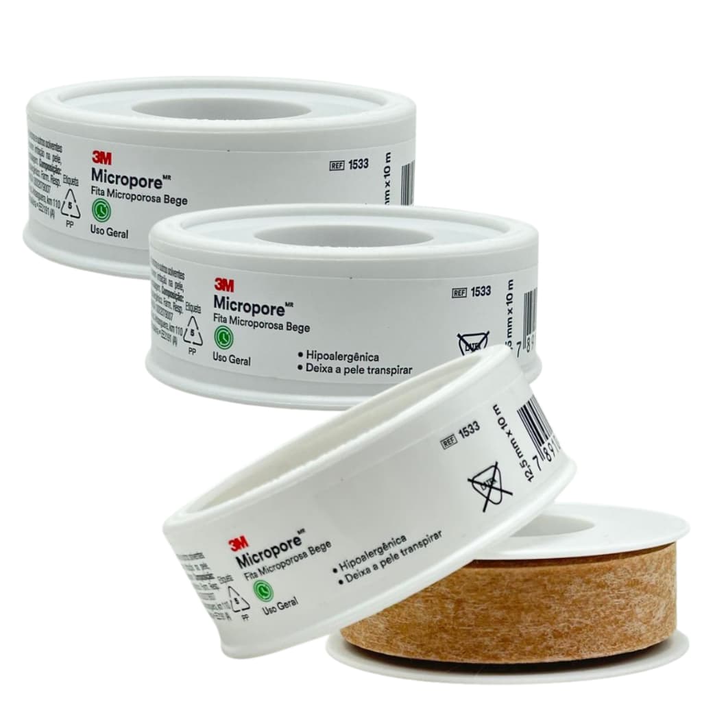 Kit 3 Fitas Micropore Bege 1,2cmx10m Hipoalergênica Pele Sensível 1533