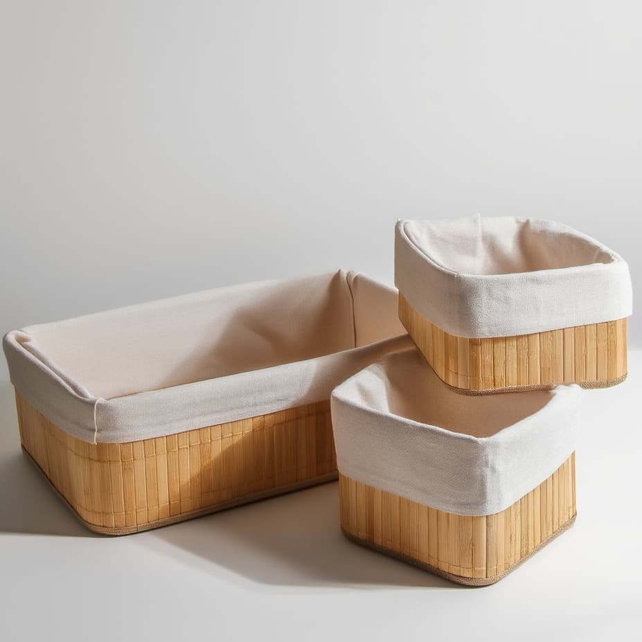 Kit Organizador Bambu 3 Peças com Forro – Cestos Organizadores para Banheiro, Quarto, Closet e Cozinha Decorativo