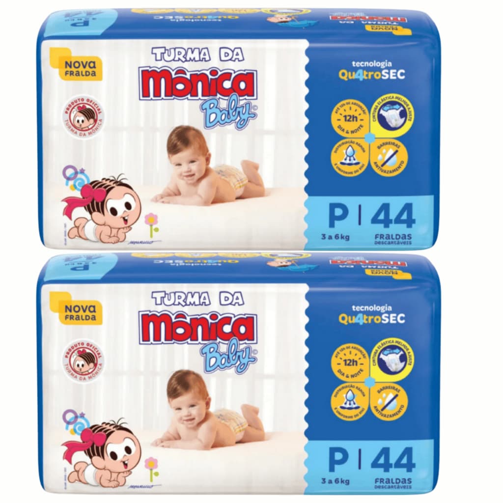 Kit 2 Pacote de Fraldas Descartáveis Turma da Monica Baby  P (3 a 5 kg) 44 FRALDAS cada