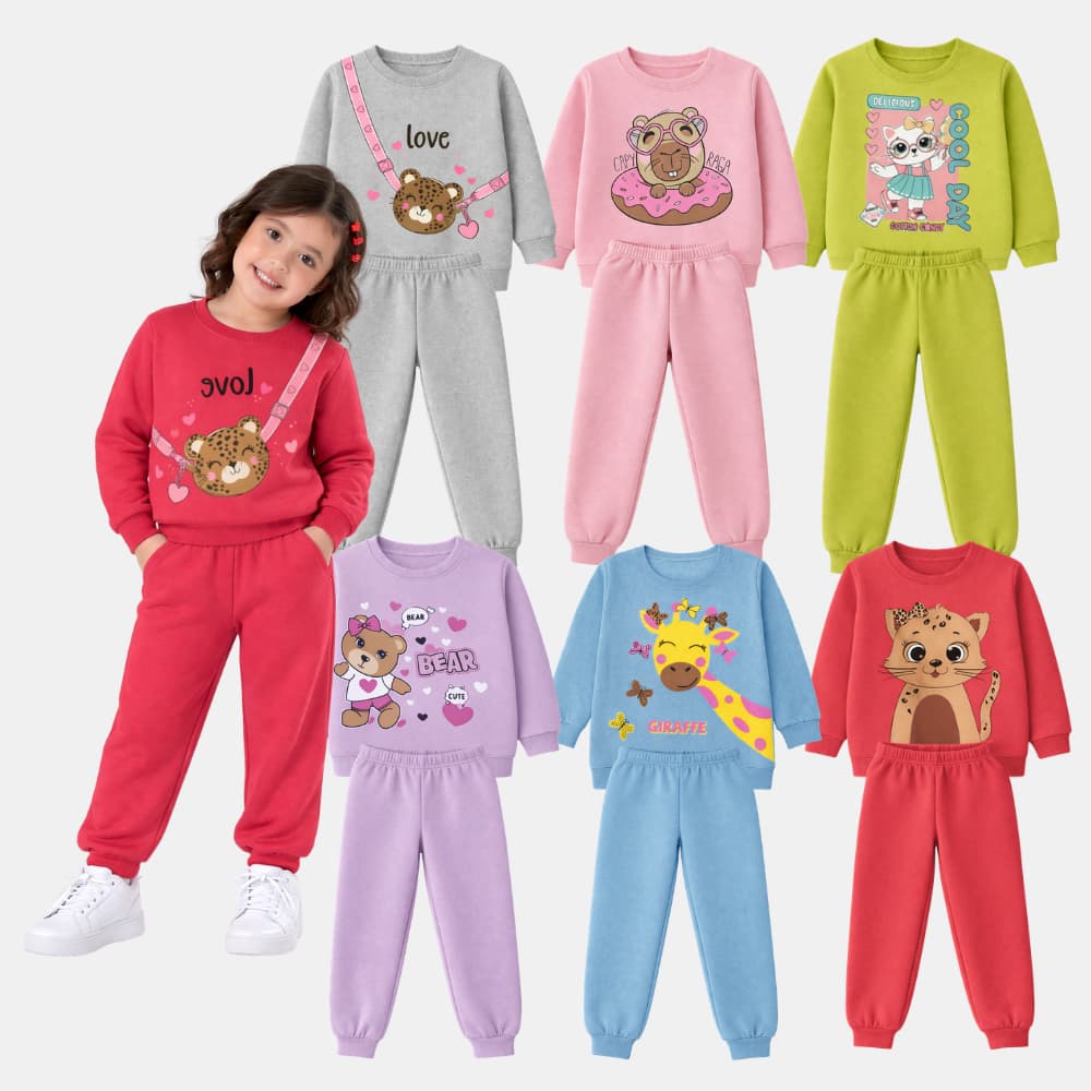 Kit Sortido 6 Peças 3 Casacos Moletom Careca + 3 Calças Infantil Feminino/Menina 3 Conjuntos 1 ao 14