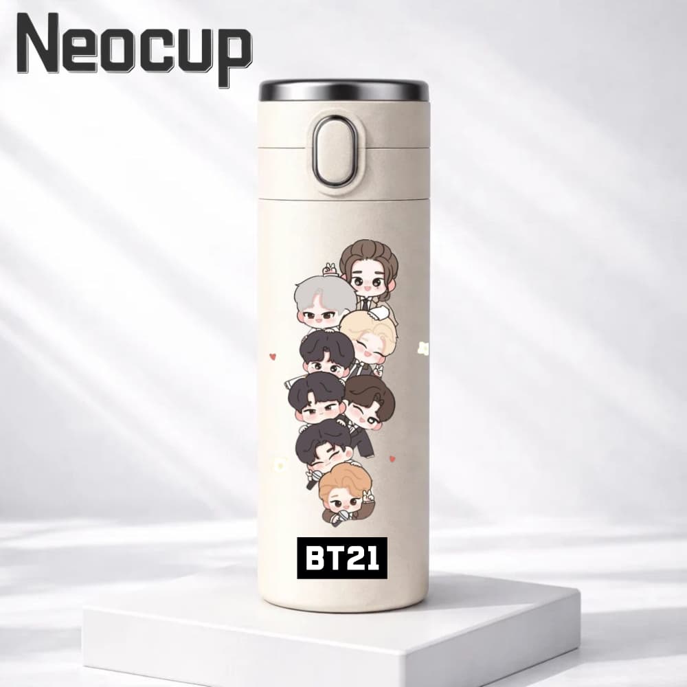 Garrafa térmica aço inoxidável K-POP BTS BT21 x ARMY com termômetro digital 420ml