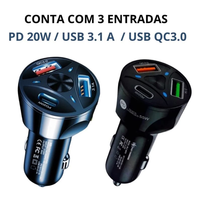 CARREGADOR VEICULAR TURBODRIVE 55W – 3 PORTAS | CARGA SUPER RÁPIDA
