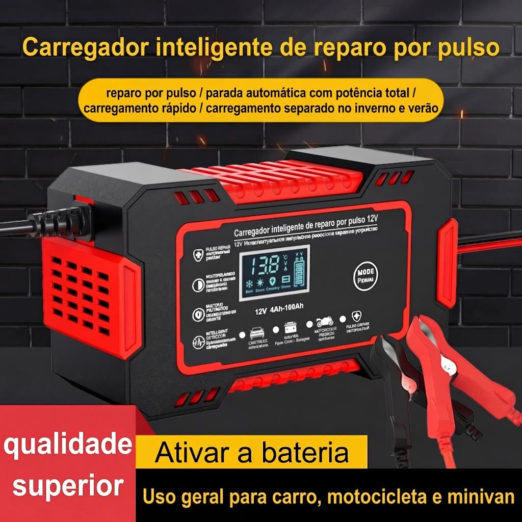 Carregador Bateria 12V 6A Inteligente Bivolt LCD - Reparação Puls Automático Baterias Chumbo Ácido 4-100Ah