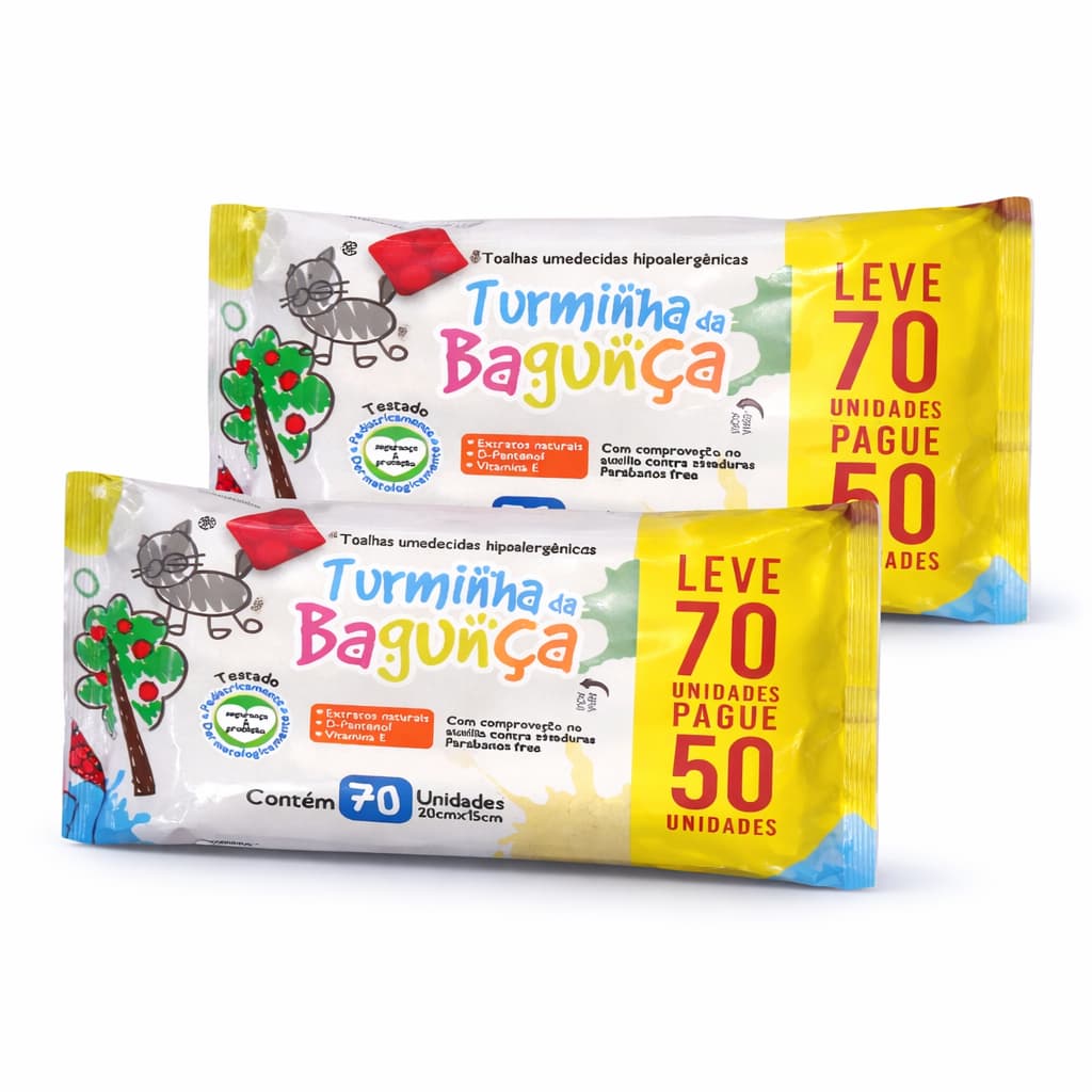 Kit 2 Toalhas Umedecidas Turminha da Bagunça 70 Folhas Vegana Lenço Umedecido Bebê