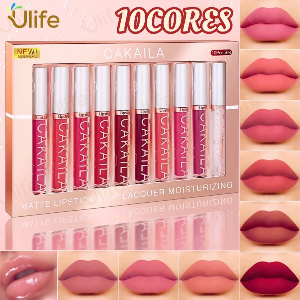 Conjunto de 10 batons líquidos matte, longa duração de 24 horas, à prova d'água, não transfere e é à prova de copos-UF