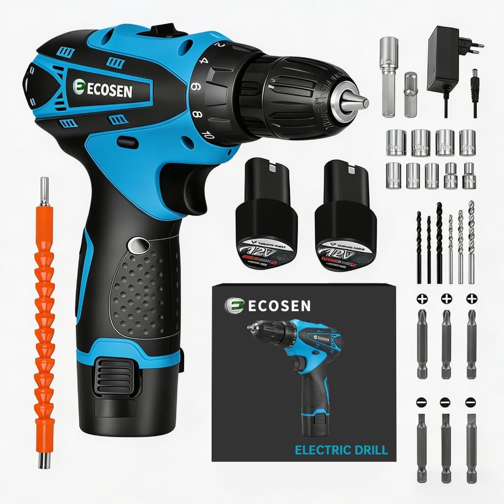 Ecosen Parafusadeira Furadeira à Bateria 12 V Kit Maleta COM  2 Baterias e 2 Funções