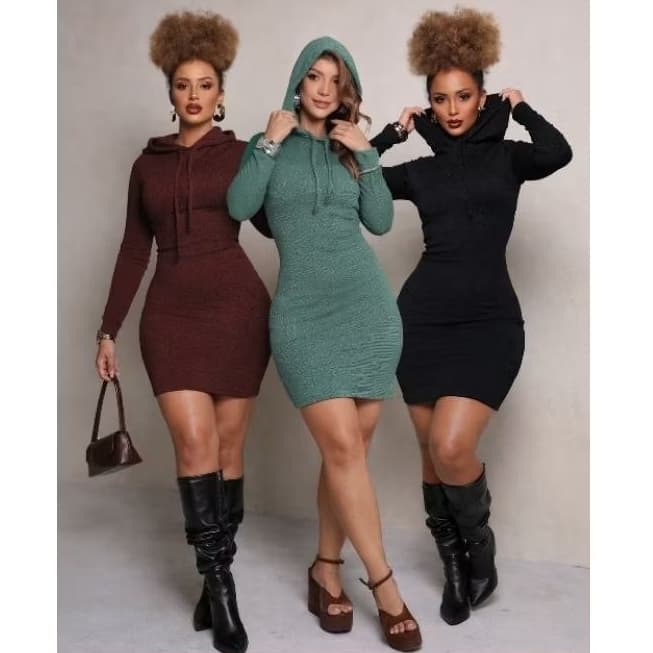 Vestido Feminino Curto  com Capuz Manga Longa | Justo ao Corpo | Moda Feminina Elegante e Casual
