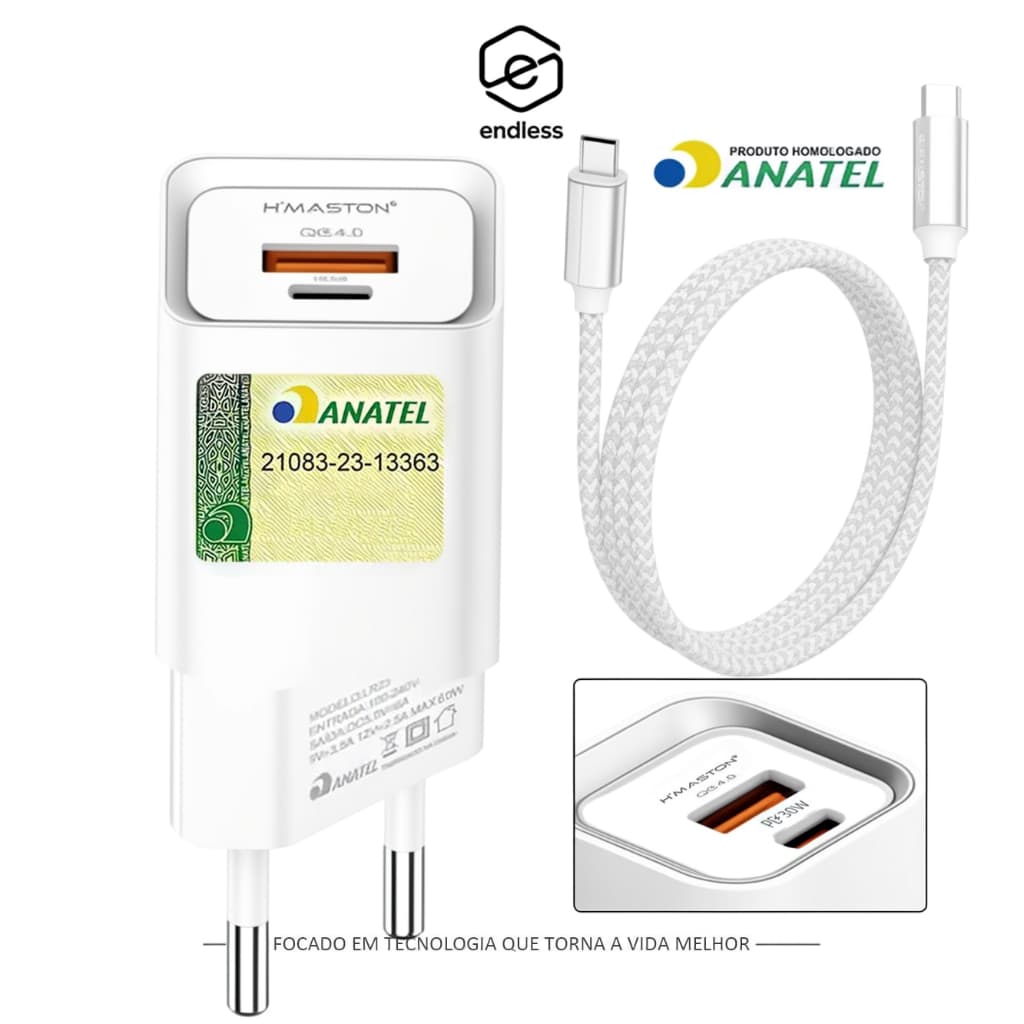 2 Entradas Carregador Celular Turbo Rápido 60W Usb-C Qc4.0 + TIPO-C PD Portátil Original