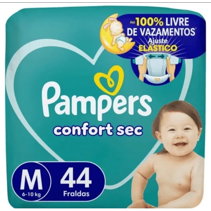 Fralda Pampers Mega M 44 Unidades Conforto Seco, Alta Absorção e Proteção Prolongada