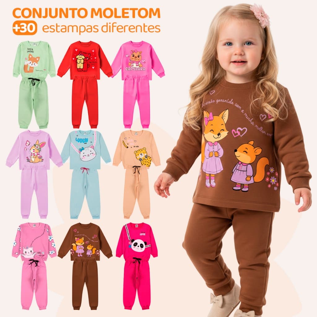 Kit 4 Peças De Roupa Infantil Menina Conjuntos De Moletom Peluciado Para Bebês Feminino Inverno Quentinho de Frio