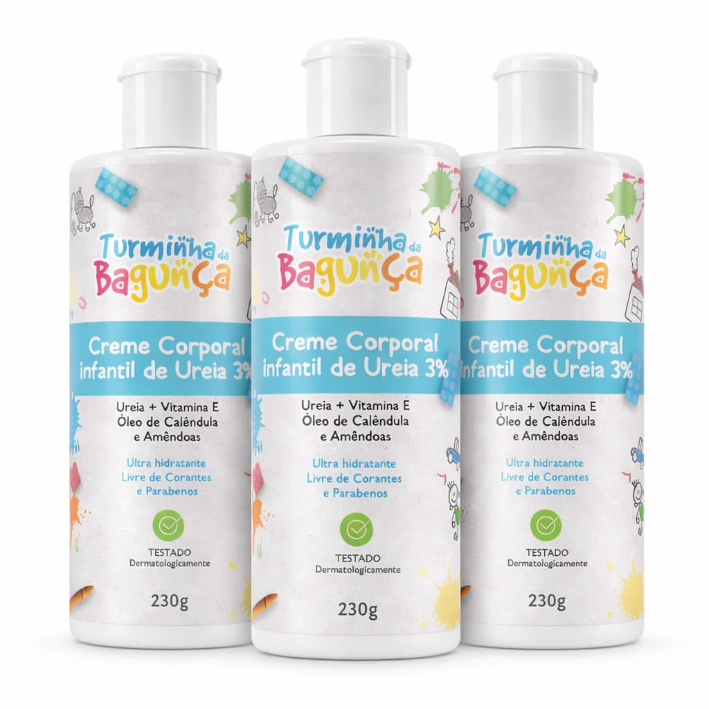 Kit 3 Frascos Creme Infantil Ureia 3% Turminha Da Bagunça 230g