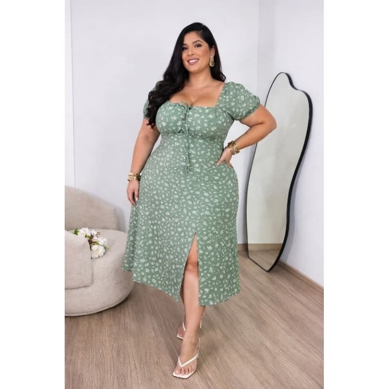 Vestido Femenino Midi, Manga Curta,com Fenda Elegante y Comfortavel look verao