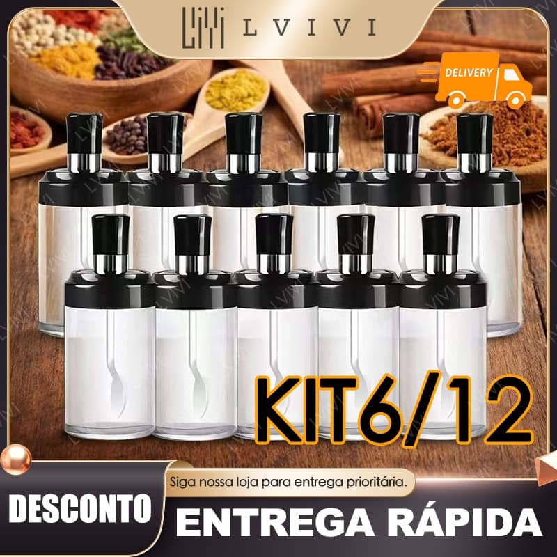 Kit 4/6/12 Porta Tempero Com Colher Condimento Cozinha Sal Açucar