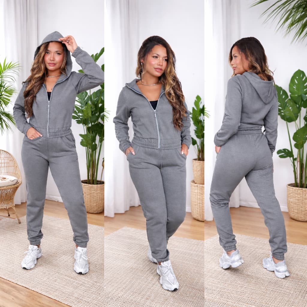 Conjunto Moletom Feminino Flanelado, com Zíper  Capuz Jaqueta Casaco  + Calça Moletom