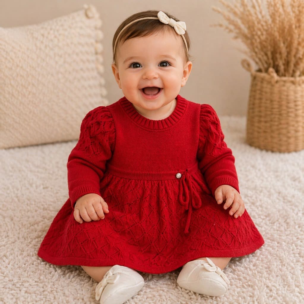 Vestido Bebê Tricô Manga Longa Inverno Menina Roupa Infantil Quentinha