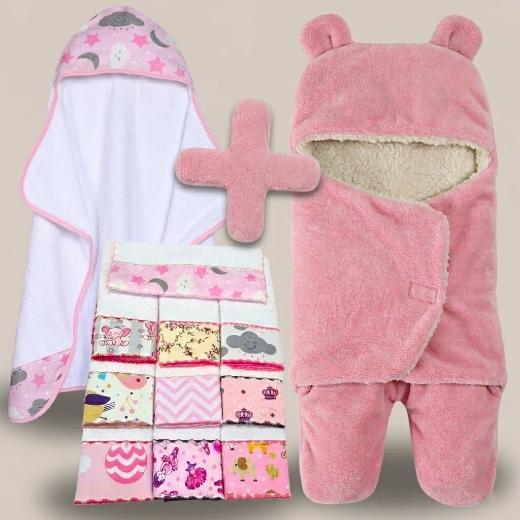 Kit Bebê Saco Dormir Ursinho Sherpa + Toalha Banho + 6 Toalhas Ombro Enxoval Completo