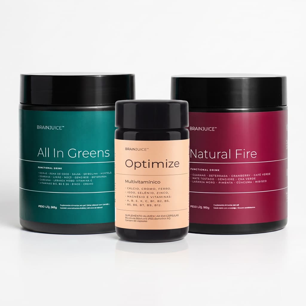 Kit Suplemento Alimentar All In Greens + Pré treino Natural Fire + Multivitamínico Optimize D2000ui - BrainJuice