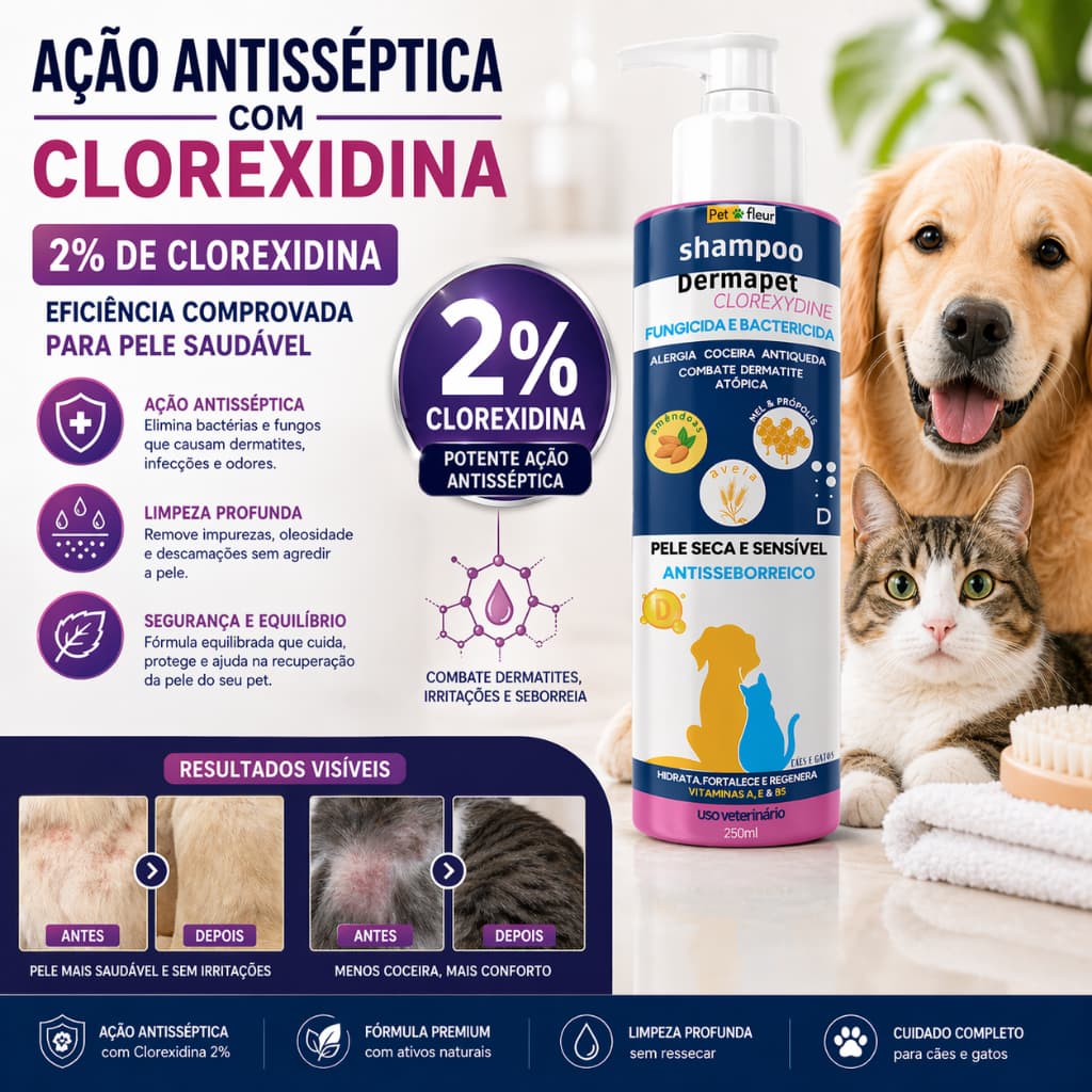 Shampoo Cães e Gatos Clorexidina 240ml -Alívio para Coceira Dermatite e Seborreia Oleosa Pet - óleo essencial de Lavanda