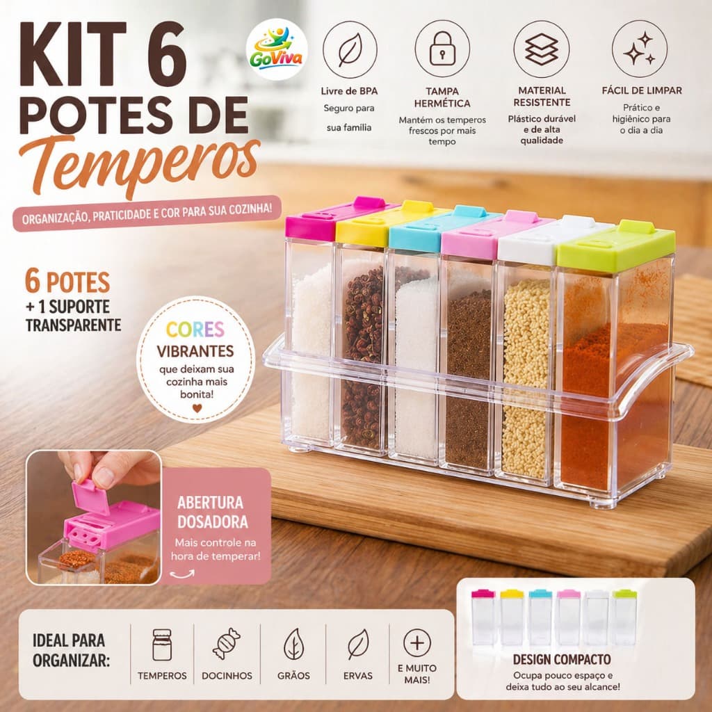 Kit 6 Potes de Temperos Plástico Colorido Hermético, Organizadores de Cozinha Multiuso com Tampa