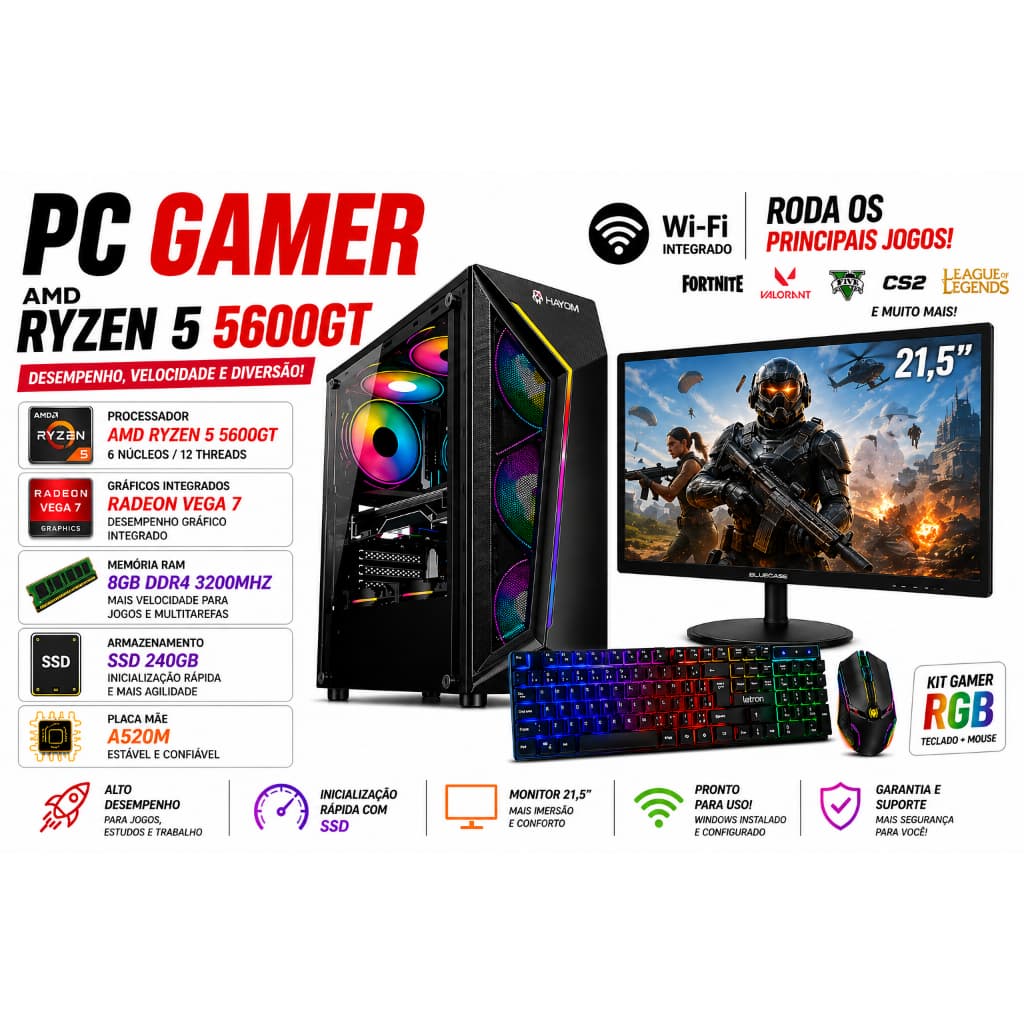 PC GAMER AMD RYZEN 5 5600GT - PLACA MÃE A520M - 8GB 3200MHZ - SSD 240GB - RADEON VEGA 7 - MONITOR 21,5'' - KIT GAMER RGB