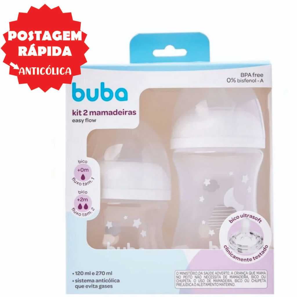 Kit 2 Mamadeiras Buba Anticólica Antivazamento Easy Flow 120 e 270ml BPAFree Bico Ultrasoft Bebê RN