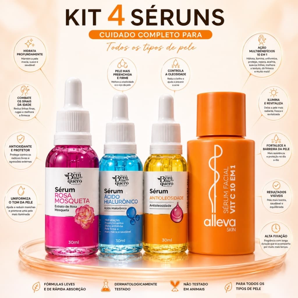 Kit 4 SERUN FACIAL Skincare Diário ,Hidrataçao, Vitamina C,Regeneraçao, Acido hialu , Niacinamida , Anti idade