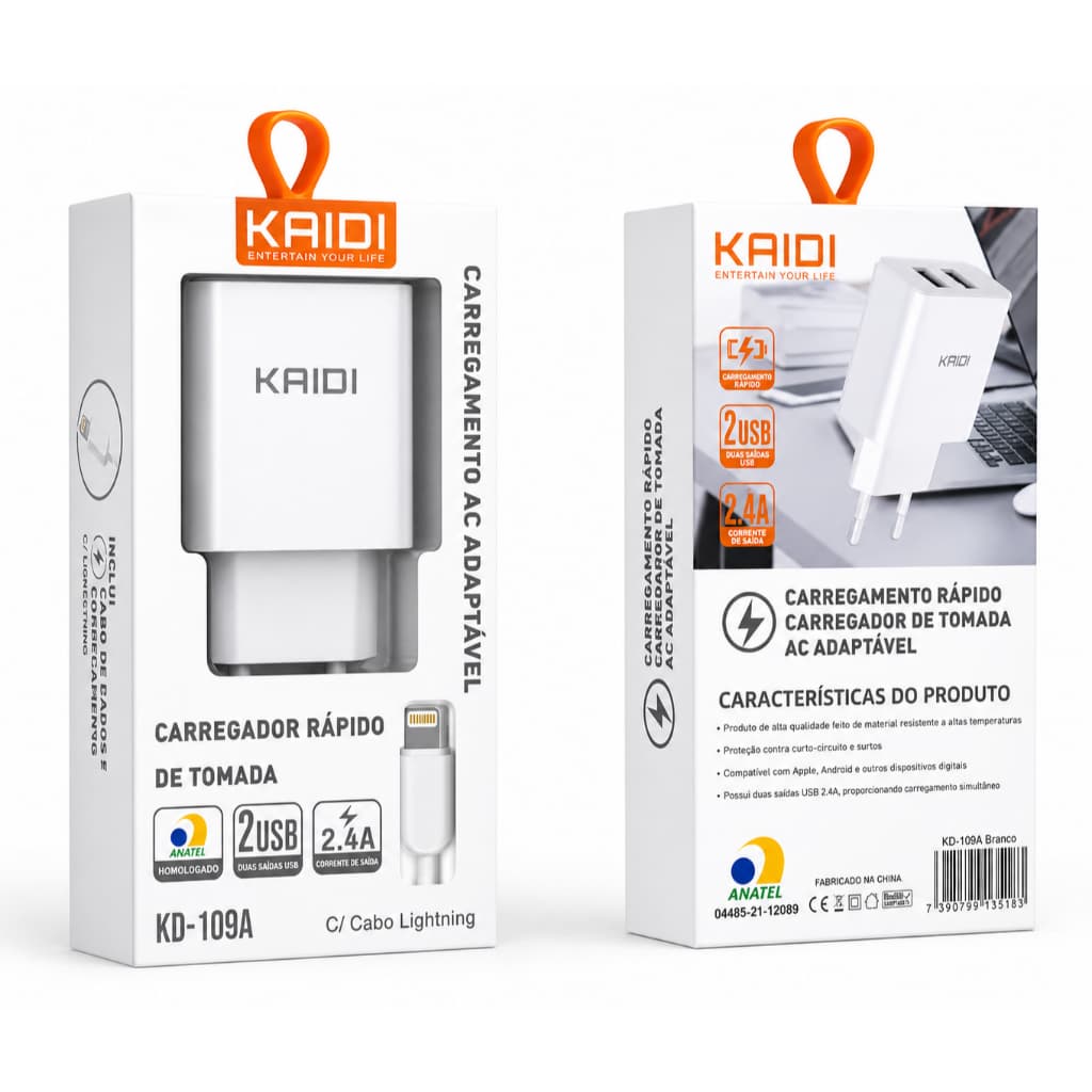 Carregador + Cabo IPHONE  rápido de tomada KAIDI KD-109A Marca premiun