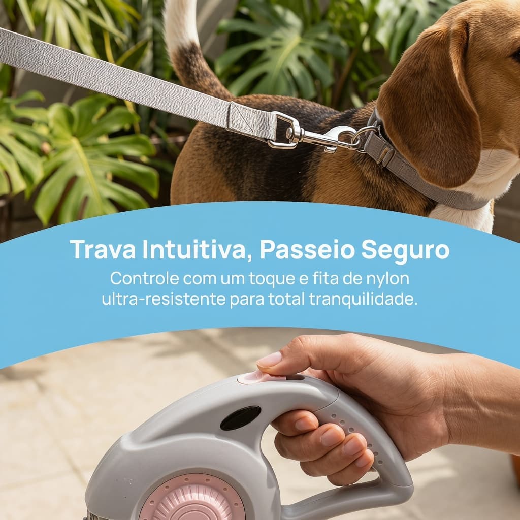 Guia retrátil 5m para cães pequenos e médios, coleira automática com freio um toque e fita de nylon