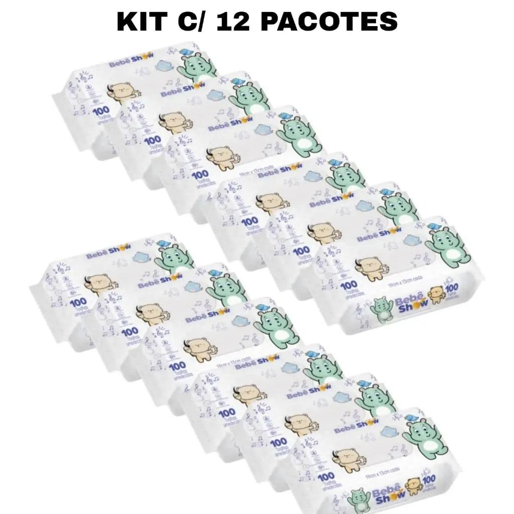 Kit c/ 12 lenços umedecidos Bebê Show c/ 100 un. Atacado  Toalhas Umedecidas