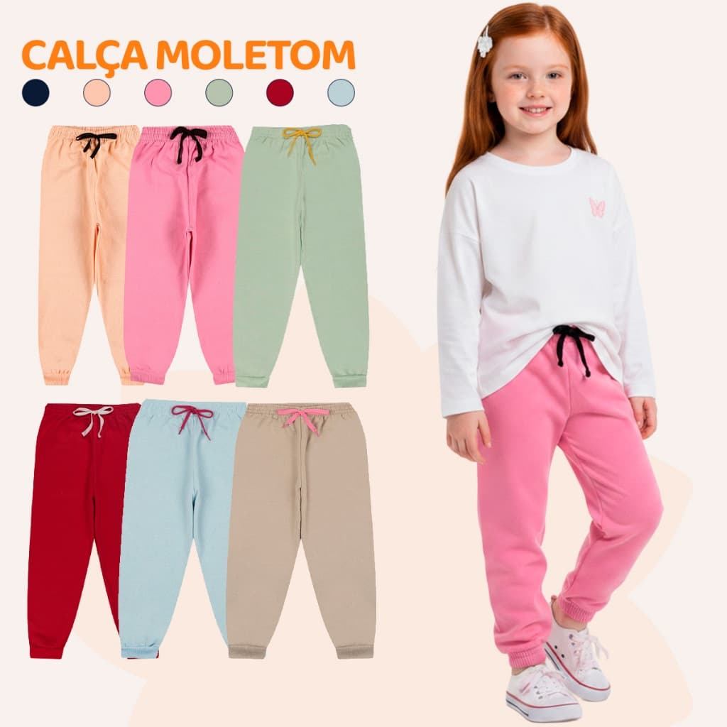 Kit 3 ou 5 Calça Moletom Infantil Menina Peluciada Feminino Bebe Inverno Frio com Punho em Ribana