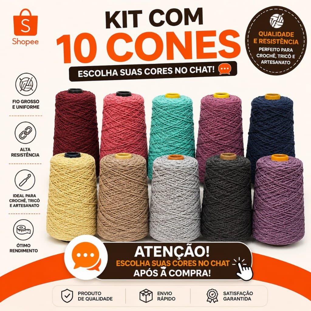 Kit 10 Barbantes 1Kg Fio 6 ou 8 Para Crochê, Não Desbota e Não Mancha!